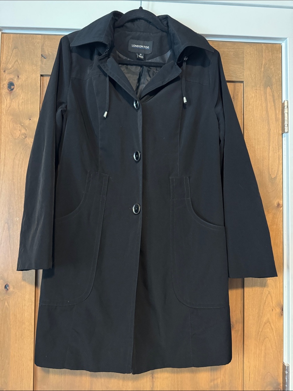 London Fog Trench Coat Womens M Black Mid-Length Button Front hood Classic
